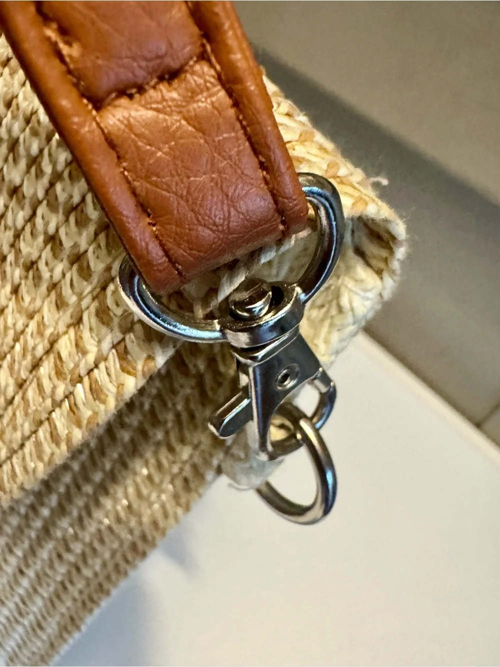 Woven Straw Tote Bag with Brown Strap - Neutral Cream/Beige